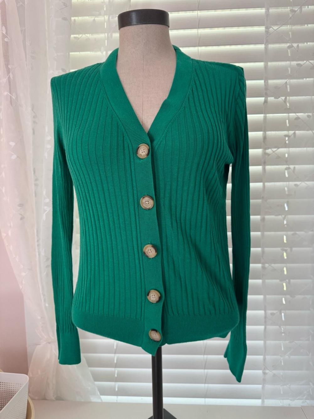 LOFT Emerald Green Ribbed V-Neck Button Cardigan